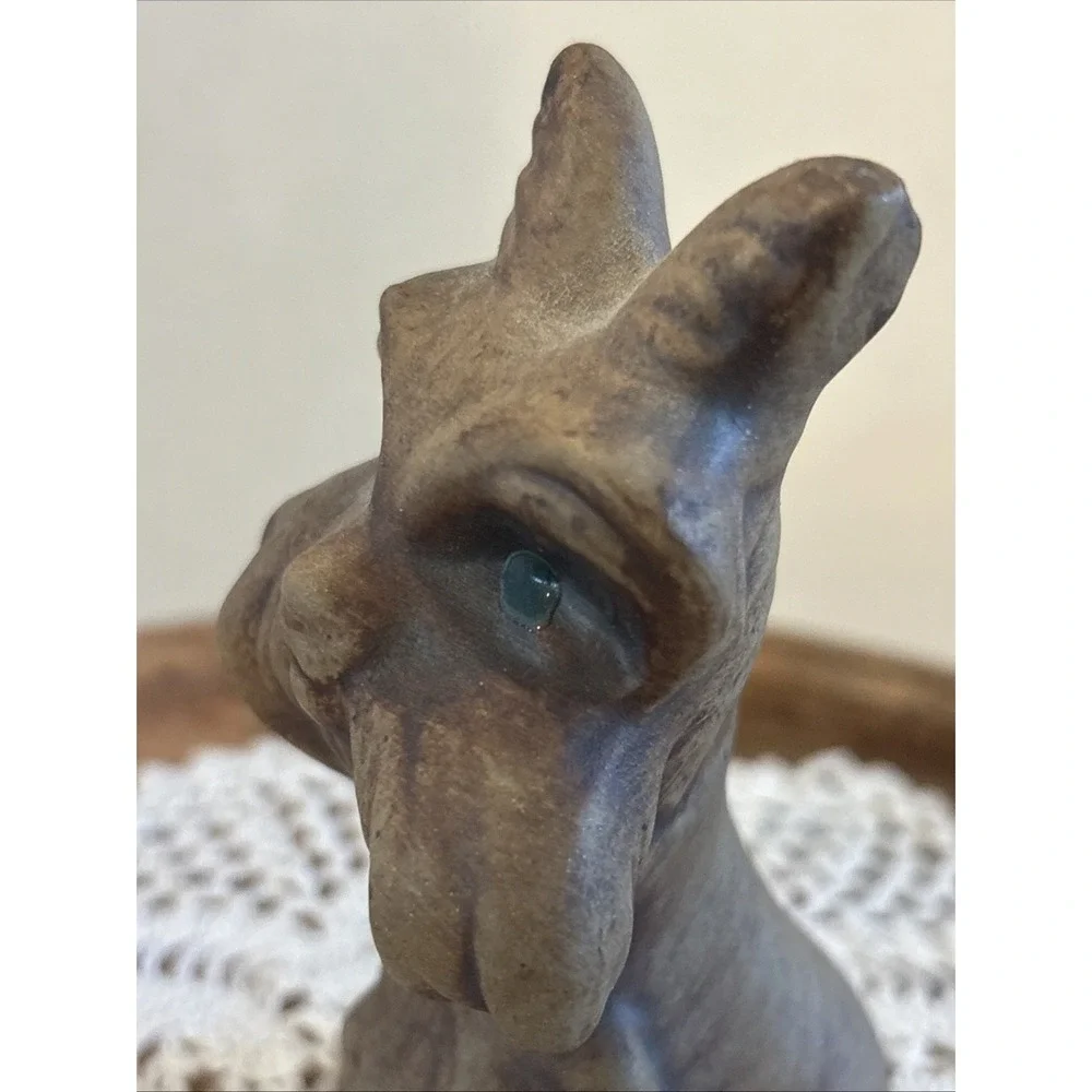 vintage California stoneware terrier dog.Suzi Handmade Brown Dip Glaze Green Eye